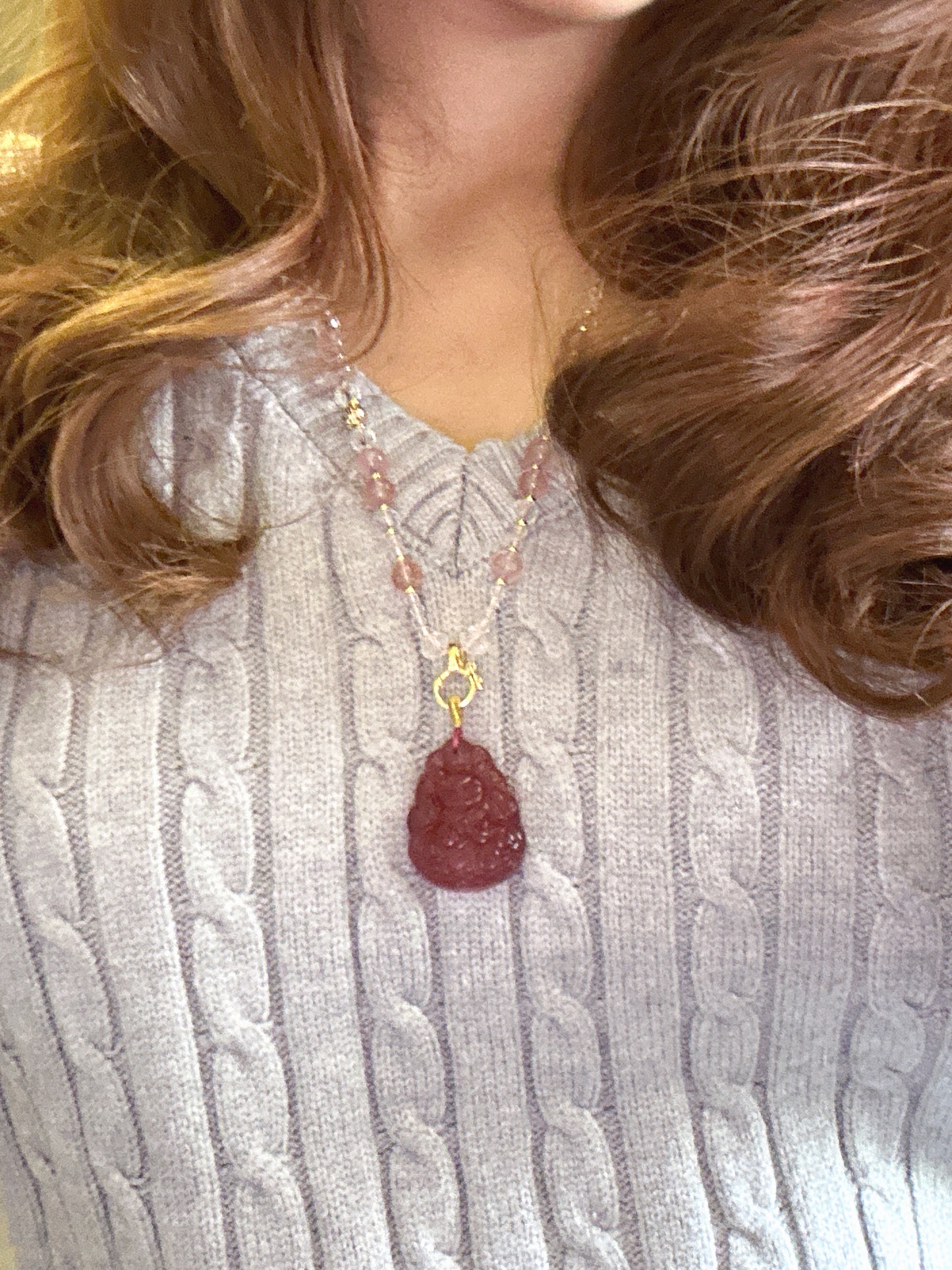 お願い狐様・天然石ネックレス・ストロベリークォーツ・ CMJHP001